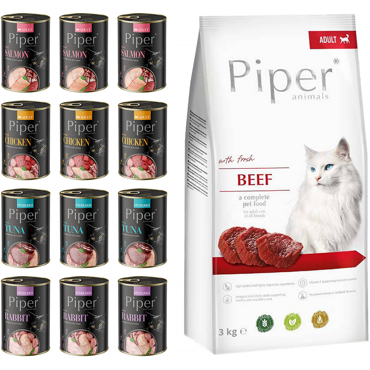 Karmy dla kota bez zbóż sucha 3 kg + mokra Piper 12 x 400 g