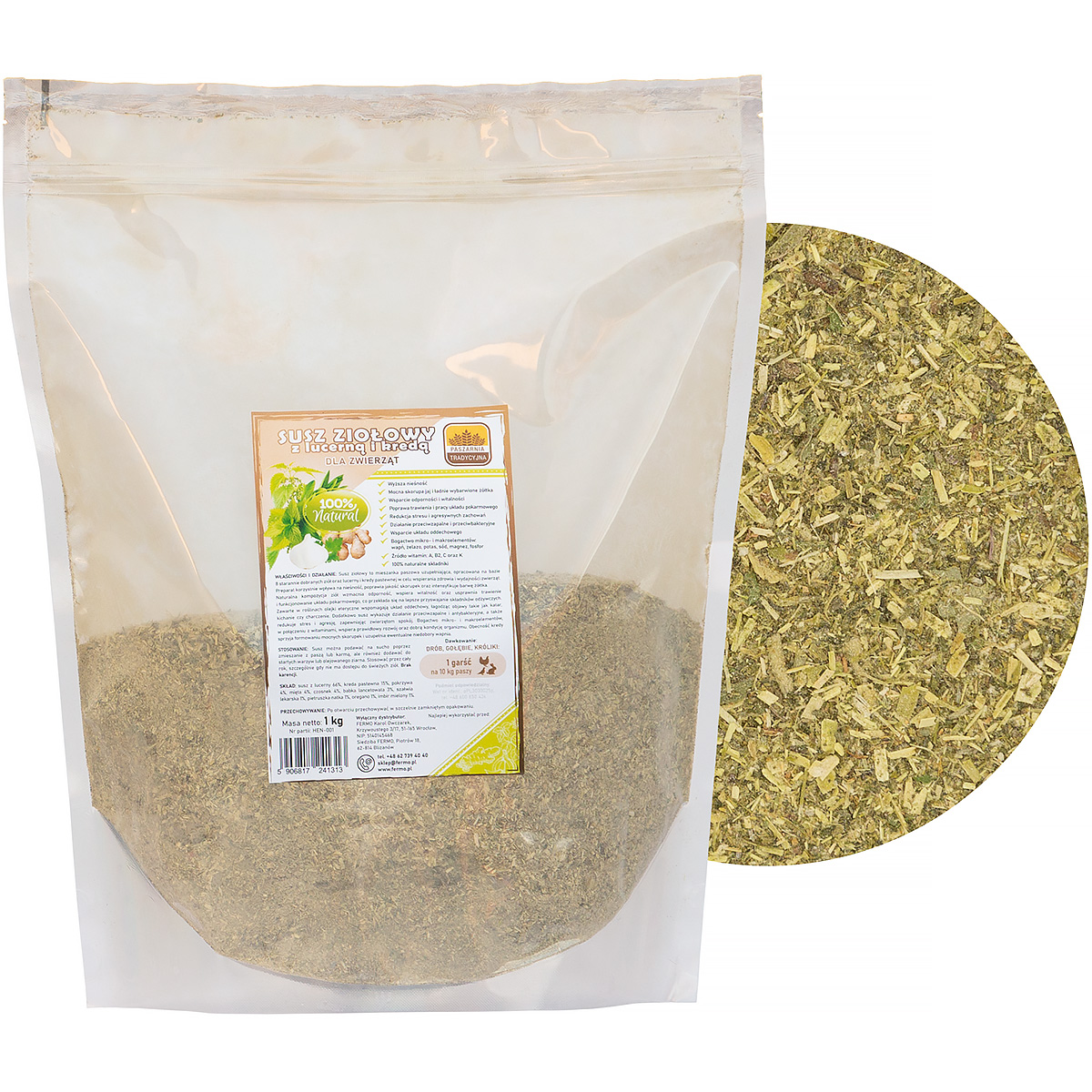 Suszone zioła dla kur i innych zwierząt z lucerną i kredą 1 kg