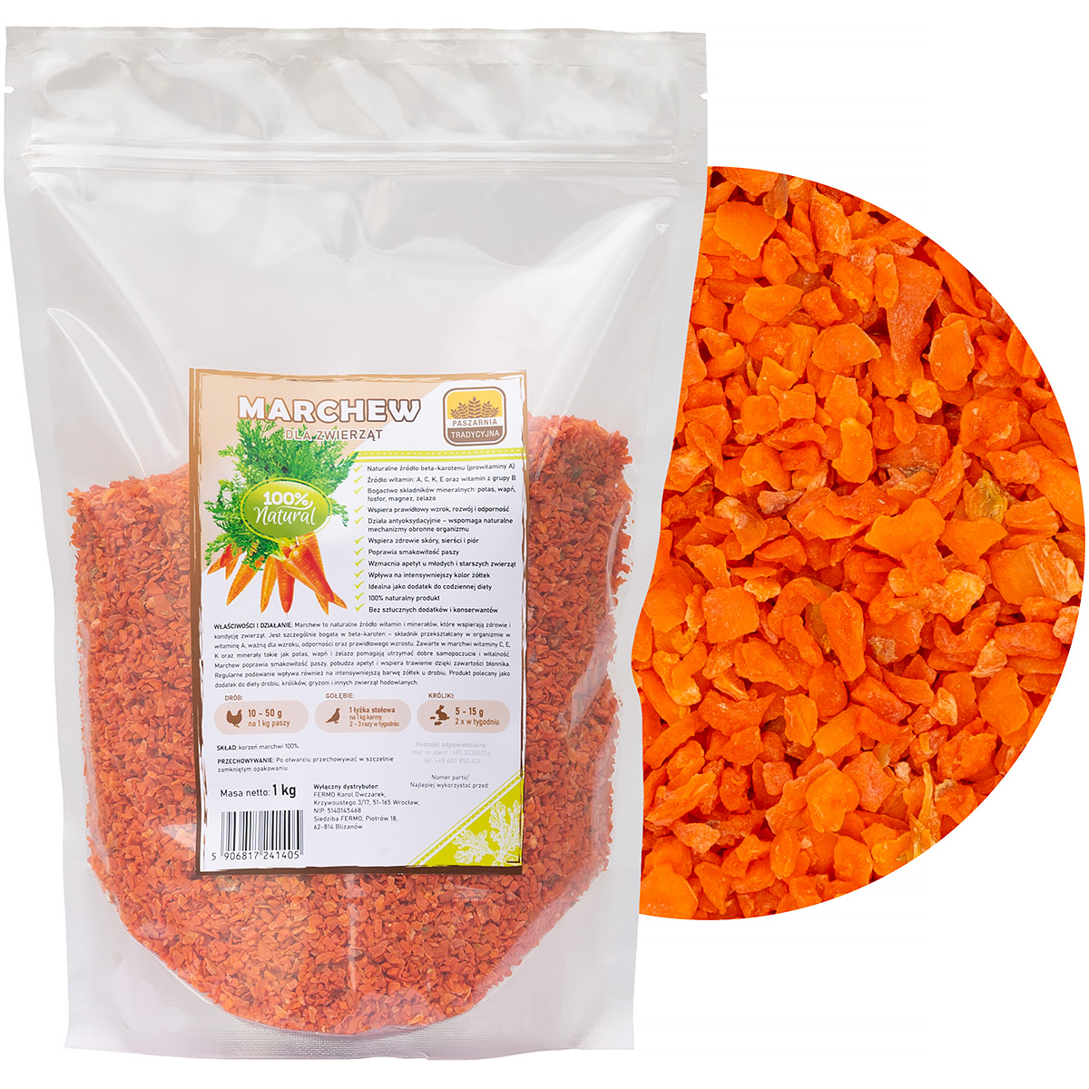 Marchew dla kur suszona Premium do paszy dla zwierząt gospodarskich 1 kg