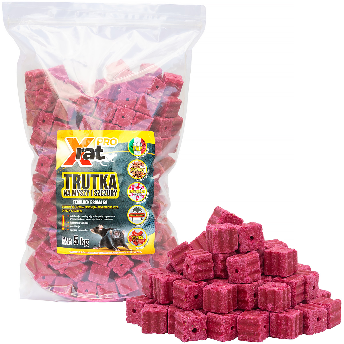 Zestaw do deratyzacji trutka w kostce 5 kg X-RAT PRO + 10 karmników z naklejkami 
