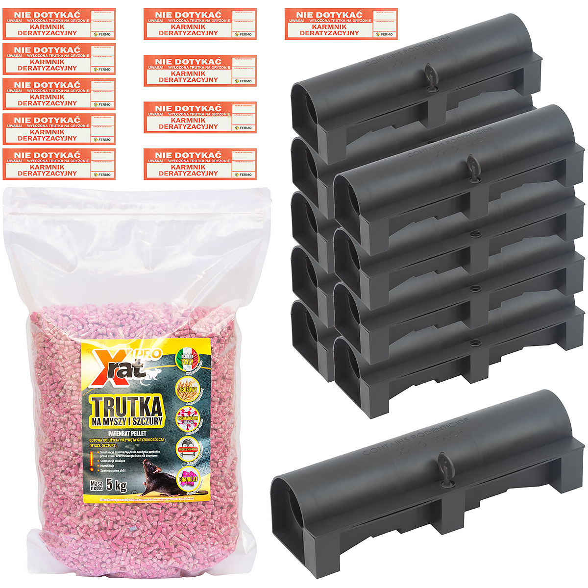 Duży zestaw do deratyzacji trutka w granulacie 5 kg X-RAT PRO + 10 karmników z naklejkami 