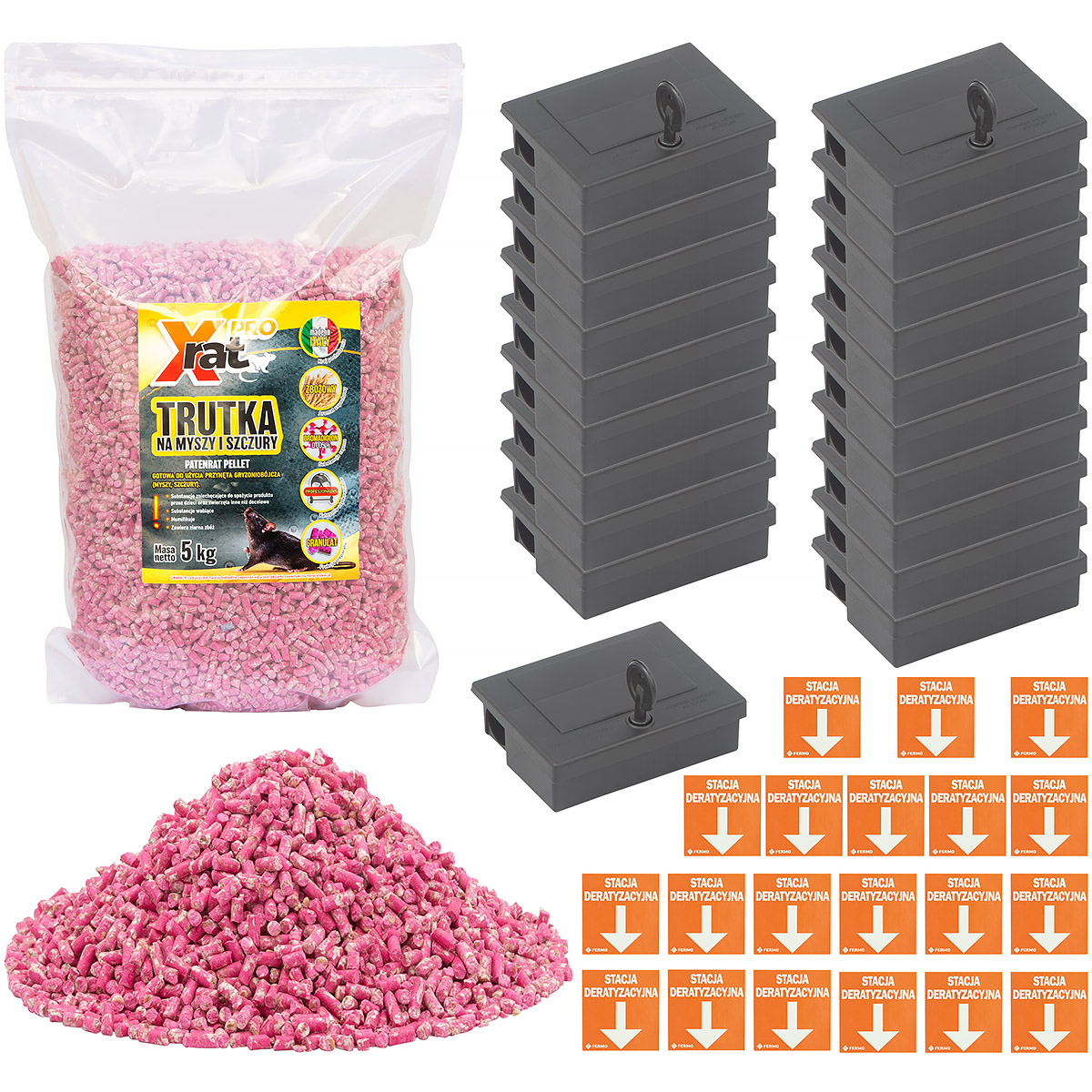 Trutka na myszy 5 kg X-RAT PRO w granulacie + 20 karmników z naklejką