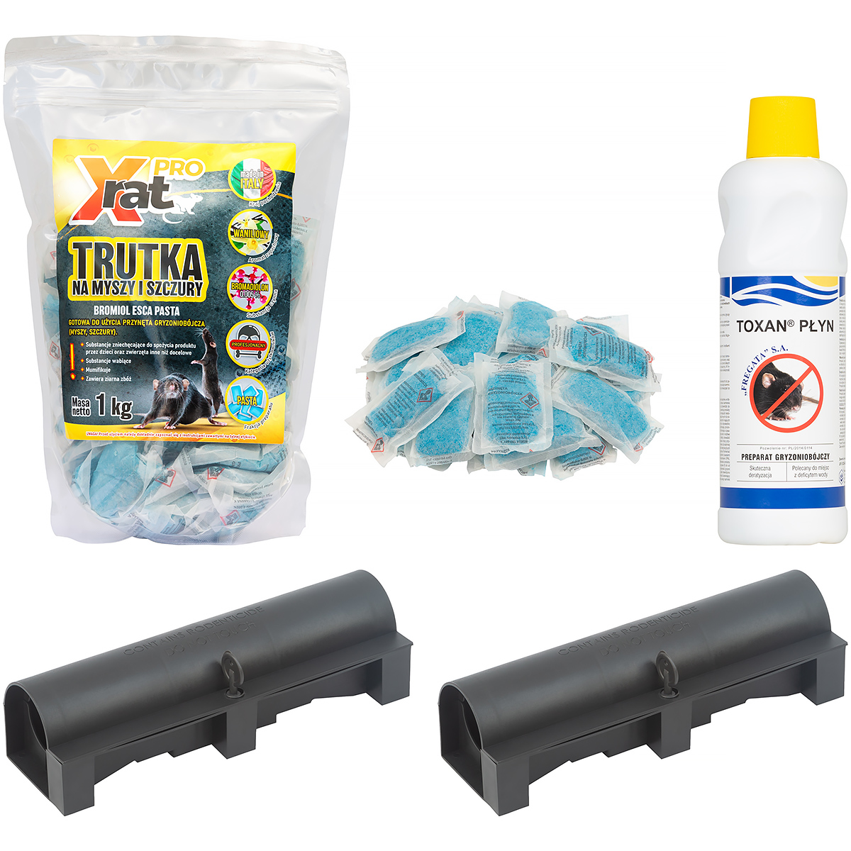 Zestaw na szczury 2 rodzaje trutki X-RAT PRO TOXAN + 2 stacje deratyzacyjne