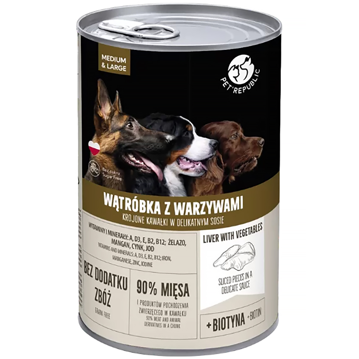 Mokre karmy dla psa PetRepublic w sosie z wątróbką i warzywami 1250 g puszka 1 szt