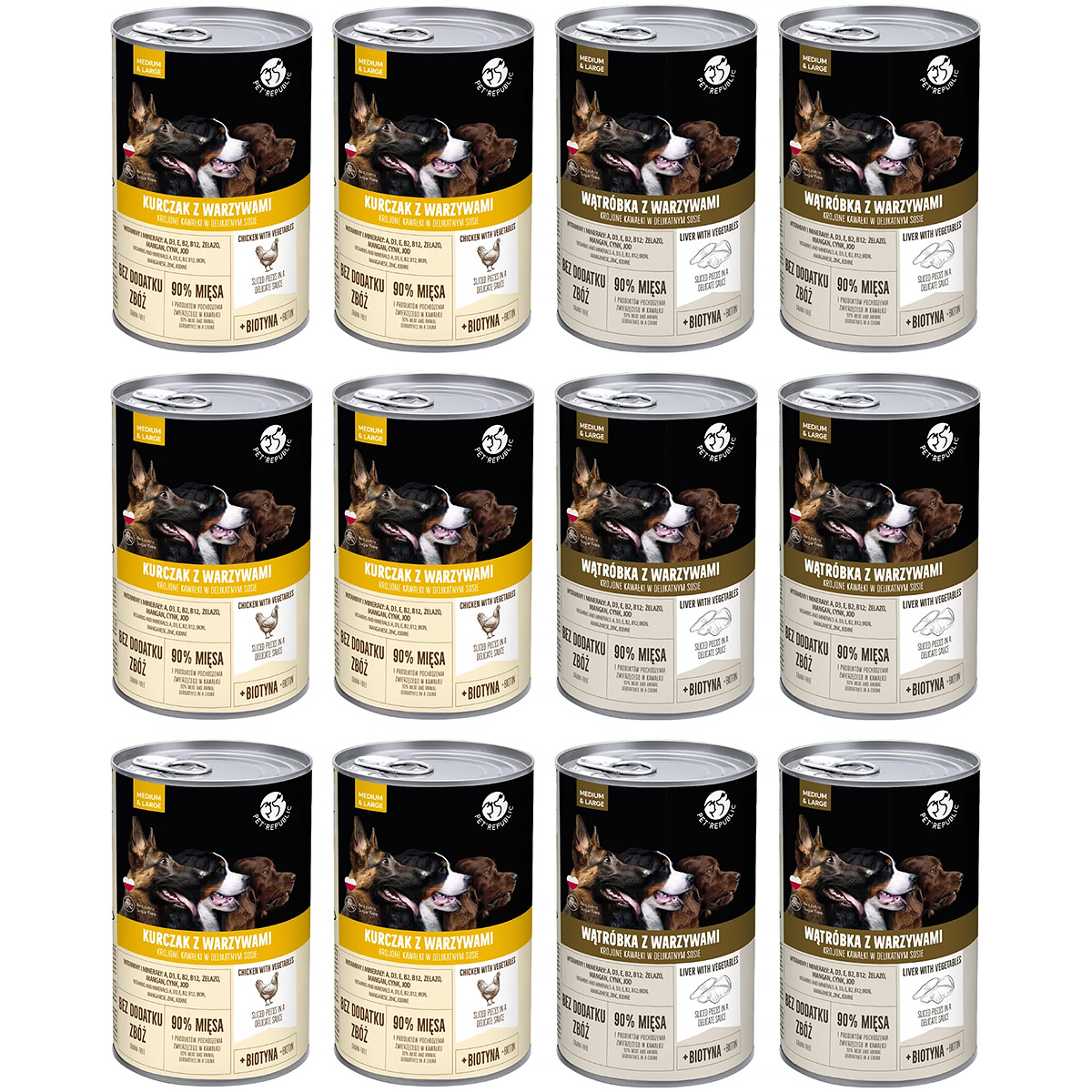 Mokre karmy dla psa PetRepublic w sosie z kurczakiem i wątróbkę z warzywami mix 12 x 1250 g 