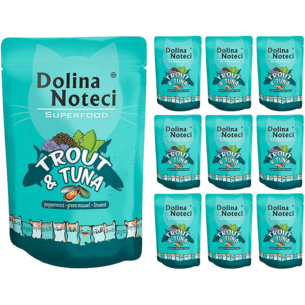 Saszetki dla kota mokra karma Dolina Noteci Superfood pstrąg z tuńczykiem 10 x 85 g