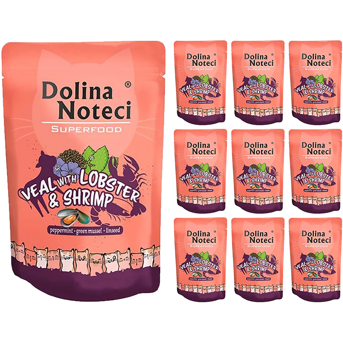 Saszetki dla kota mokra karma Dolina Noteci Superfood cielęcina z homarem i krewetkami 10 x 85 g