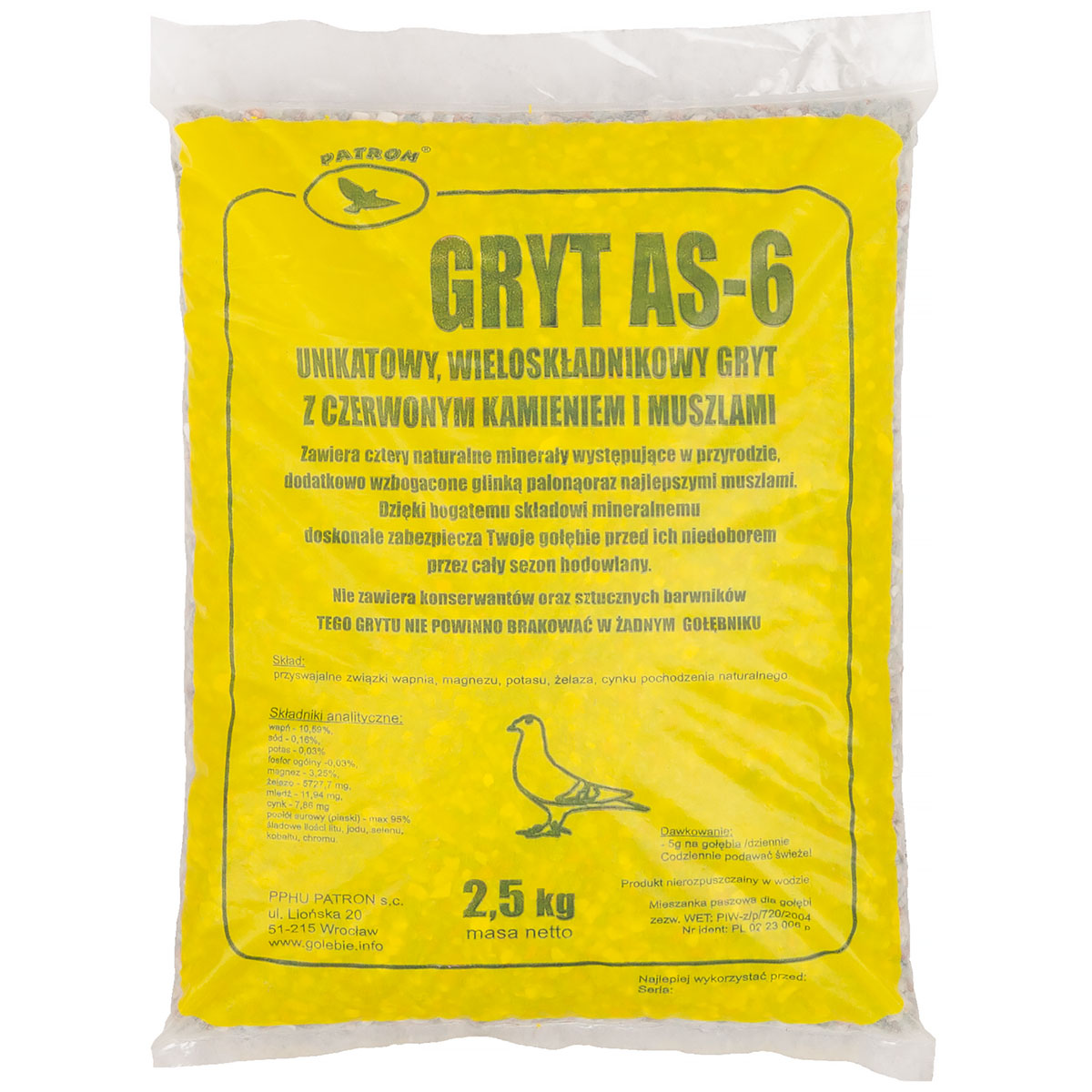 Grit dla gołębi mineralny z czerwonym kamieniem i muszlami Patron AS-6 2,5 kg