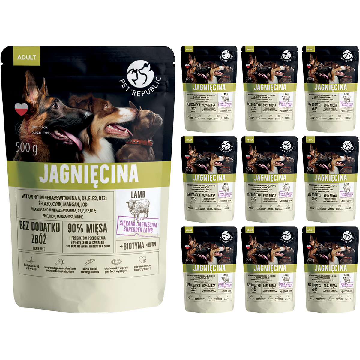 Mokre karmy dla psa PetRepublic z drobno siekaną jagnięciną w sosie saszetki 10 x 500 g 
