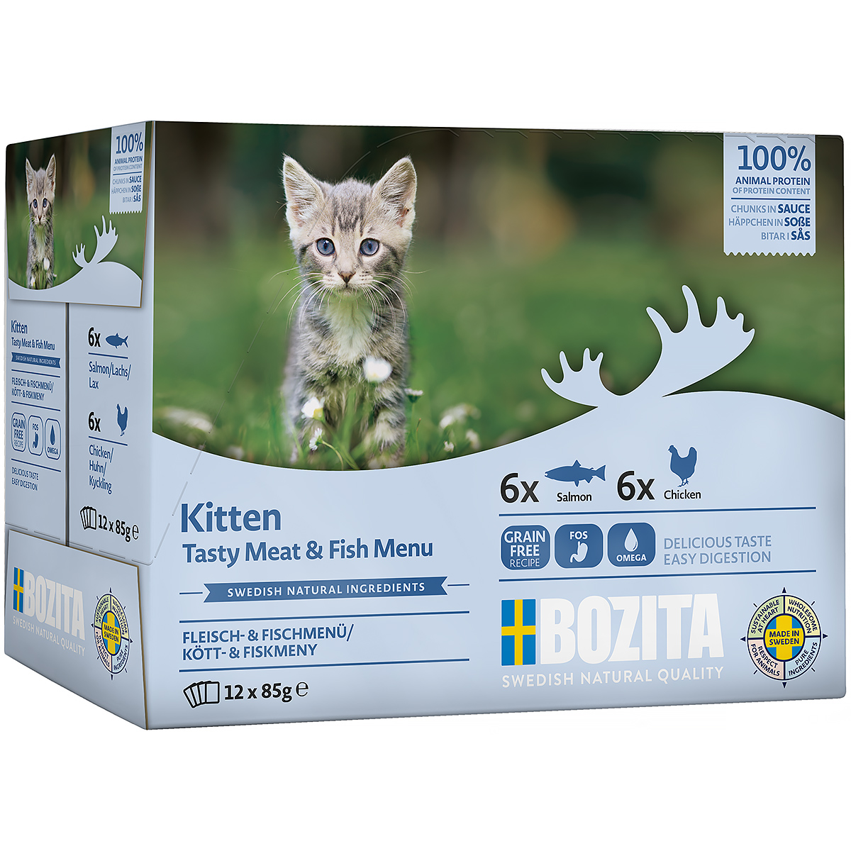 Mokra karma dla kciąt Bozita mięso z rybą w sosie Multibox  12 x 85 g