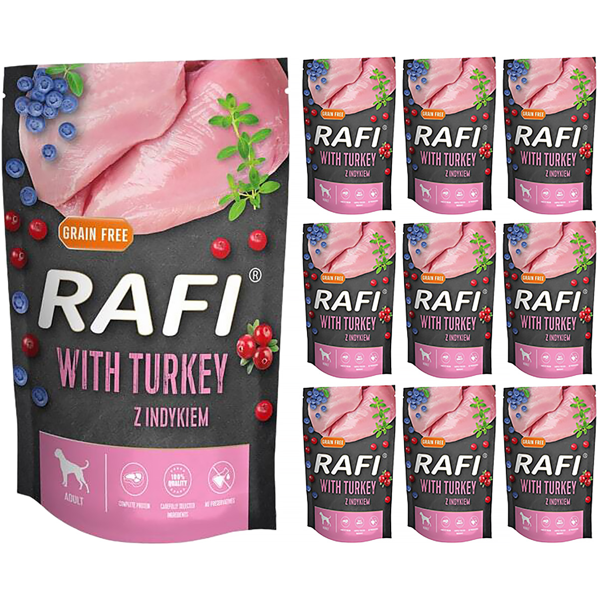 Mokre karmy dla psa RAFI z indykiem w saszetkach zestaw 10 x 500 g