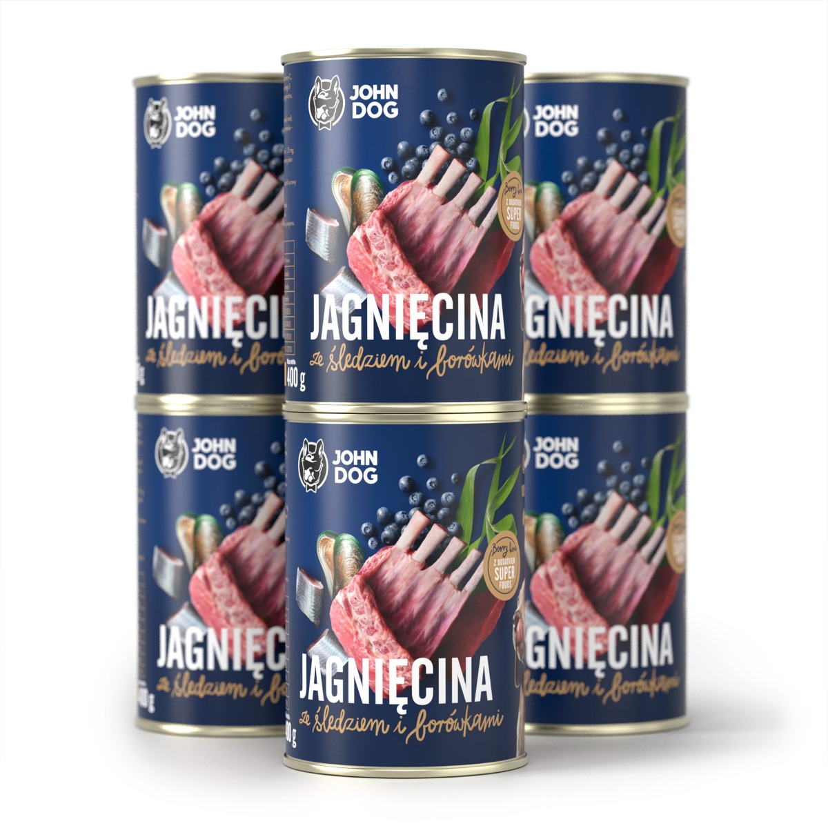 Mokra karma dla psów jagnięcina i śledź z borówkami JOHN DOG 6 x 400 g szczeniaki  + gratis 