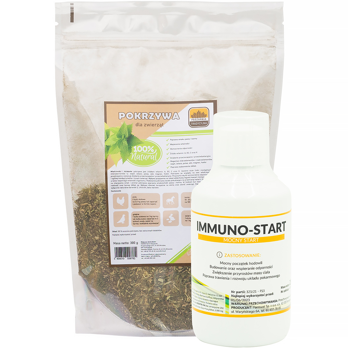 zestaw startowy dla piskląt Suszona Pokrzywa 300 g oraz Immuno Start 250 ml 